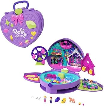 Polly Pocket dolls and backpack shaped play set Mini golf course suitable for amusement park theme, Ferris wheel, toy cars, spinning cups, food stands, pet and accessories, JFV15