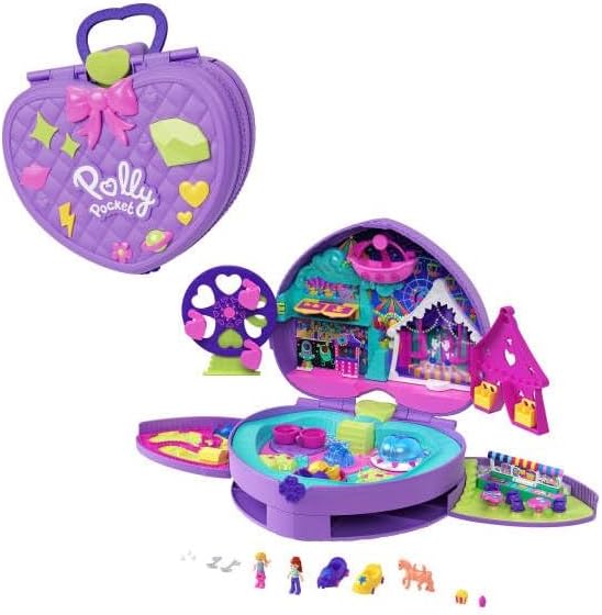Polly Pocket dolls and backpack shaped play set Mini golf course suitable for amusement park theme, Ferris wheel, toy cars, spinning cups, food stands, pet and accessories, JFV15