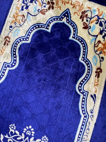 Image of DEESAK Janamaz Prayer Mat Turkey Soft Velvet | Namaz Mat, Janimaz Namaz Aasan, Islamic Prayer Rug for Salah | 70x110 CM (C Print Blue1)