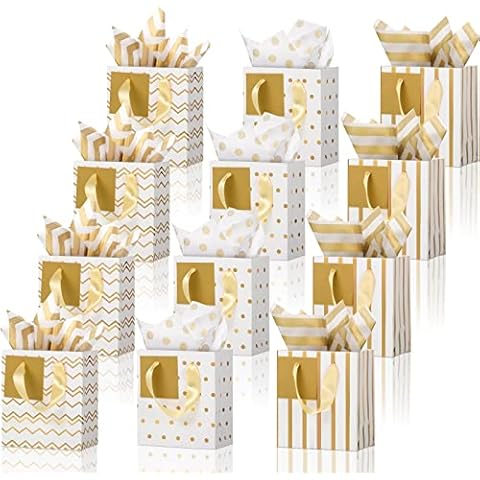 Tenare 12 Pcs Small Gift Bags Mini Metallic Paper Bag with Handle Tissue Happy New Year Valentine Party Favor(9 x 4 x 7 Inch,White Gold) Cover