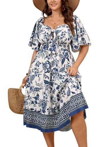 Image of SCOMCHIC Plus Size Summer Dress Casual Short Sleeve Bow Tie Deep V Neck Smocked Button Down Midi Flowy A-line Boho Dresses