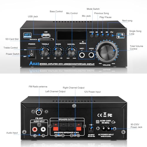 Home Audio Power Amplifier with Bluetooth, 100Wx2 Audio Stereo Receiver, Dmyond Home Amplifiers w/FM Radio USB, AUX, RCA, SD for Home Theater Speakers Audio Stereo, Studio - Thumbnail 2
