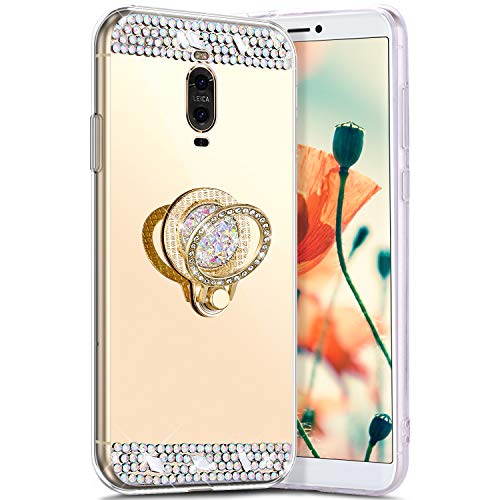 Robinsoni Case Compatible with Huawei Mate 9 Pro Phone Cover Flexible Huawei Mate 9 Pro Case Sparkle Silicone Case Diamond Edge Bling Case 360 Degree Rotation Ring Cover Mirror Effect Phone Case Gold