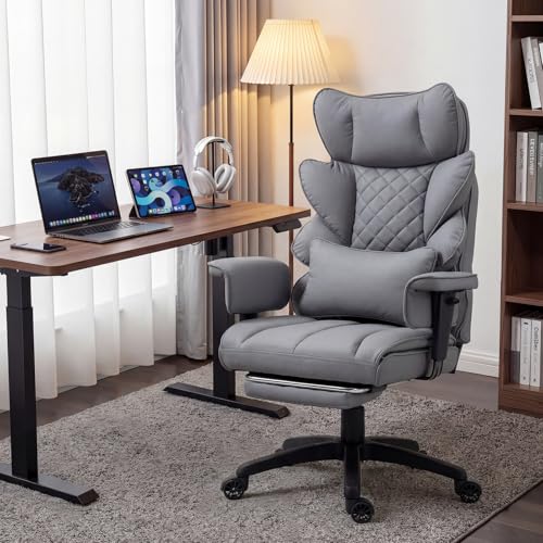 Image of Dowinx Big and Tall Office Chair with Pocket Spring Cushion,High Back Computer Gaming Chairs with Adjustable Armrests,Executive Desk Chairs with Lumbar Support and Footrest,PU-Grey