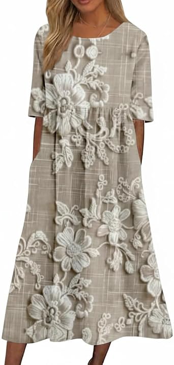 Womens Summer Boho Floral Midi Dresses Flowy Casual Loose Beach Vacation Short Sleeve Tshirt Dress with Pockets