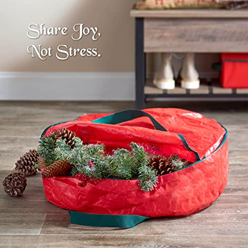 Zober-Christmas-Wreath-Storage-Container-24-Inch-Wreath-Bag-For-Artificial-Wreaths-Dual-Zippered-Wreath-Storage-WStrong-Durable-Handles-Red