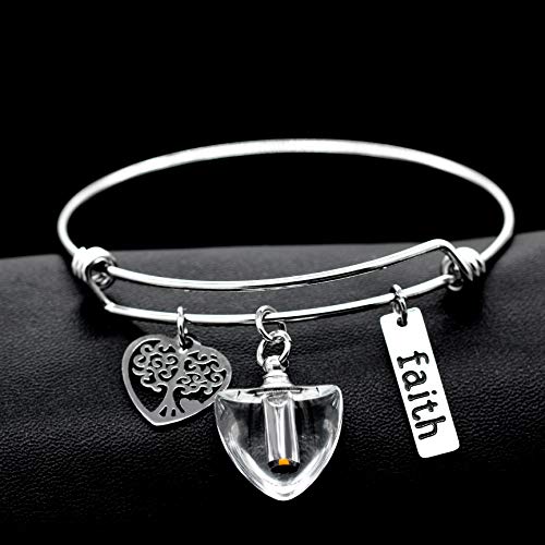 Image of Uloveido Mustard Seed Faith Tree Bangle Bracelet, Stainless Steel, with Glass Charm Bottle Case Y757