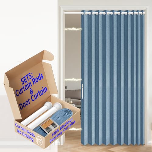 Image of Blackout Accordion Door with Curtain Rods Adjustable 28-52 inch Long, Accordion Doors Interior Invisible Magnetic Door Curtain for Bedroom Living Room Doorway Curtain Set, 1 Pack, W52 x L80 In, Blue