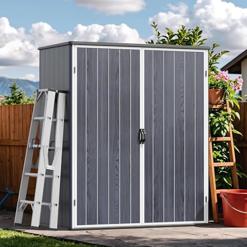 Image of Devoko 5x3 FT Resin Storage Shed with Floor, Small Plastic Vertical Outdoor Cabinet with Lockable Door, Waterproof Tool Garden Shed for Backyard Patio Lawn, Dark Gray