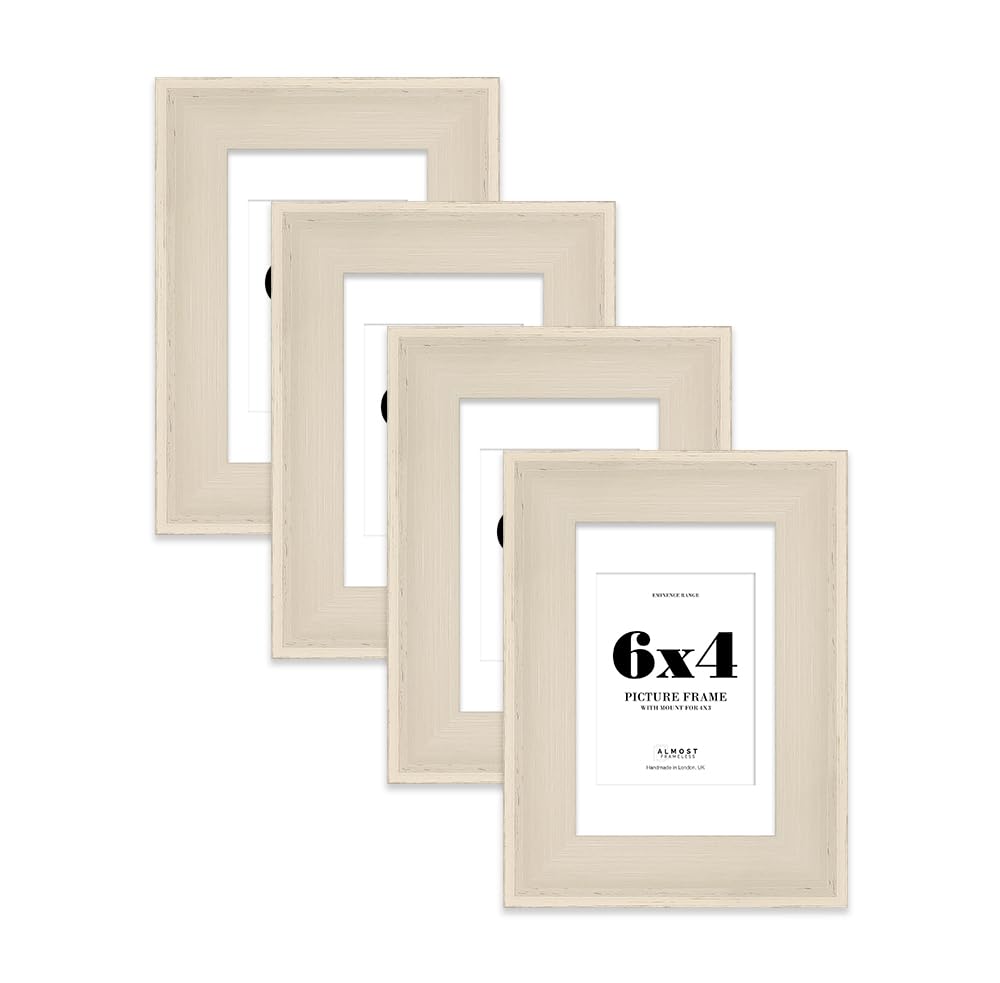 6x4" Cream Picture Frame with 4x3" Mount - Shabby Chic Photo Frame with Distressed Finish, Wall Hooks and Kickstand, 32mm Edge - 4 Pack