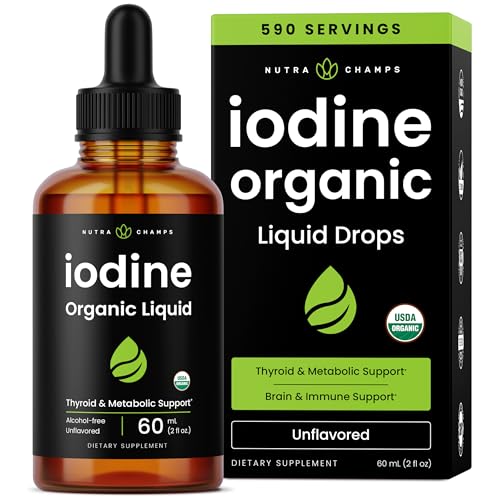 Organic Iodine Liquid Drops - 250 mcg Iodine Supplement for Women & Men - Potassium Iodide Solution 250 mcg - 590 Servings - Thyroid Hormone & Metabolic Support - Non-GMO Vegan