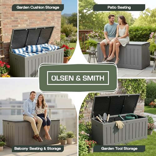 Olsen & Smith 830L Extra Large XL Outdoor Garden Storage Box - Weather Resistant Heavy Duty Garden Box Wood Effect with Padlock - Massive Capacity Storage Chest for Tools Cushions Toys & More, Grey - 5