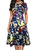 oxiuly Women Casual Dress Round Neck Soft Cotton Floral A-Line Midi Summer Dresses with Pockets OX262