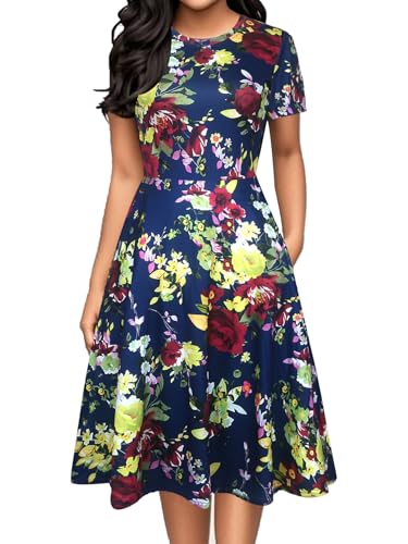 Image of oxiuly Women Casual Dress Round Neck Soft Cotton Floral A-Line Midi Summer Dresses with Pockets OX262