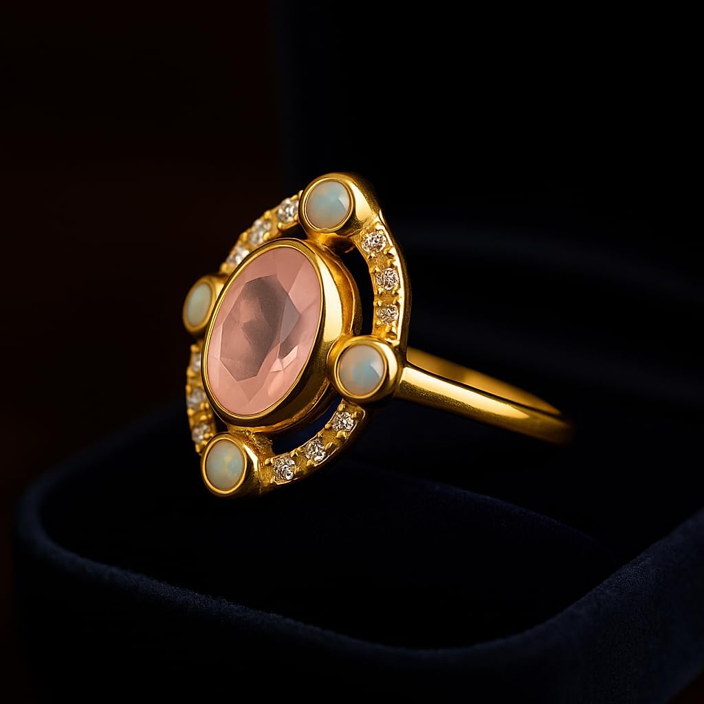 Oval Pink Rose Quartz Engagement Ring for Women in 14K Yellow Gold Opal & Diamond Halo Vintage Art Deco Ring Statement Promise Anniversary Jewelry Gift for Her