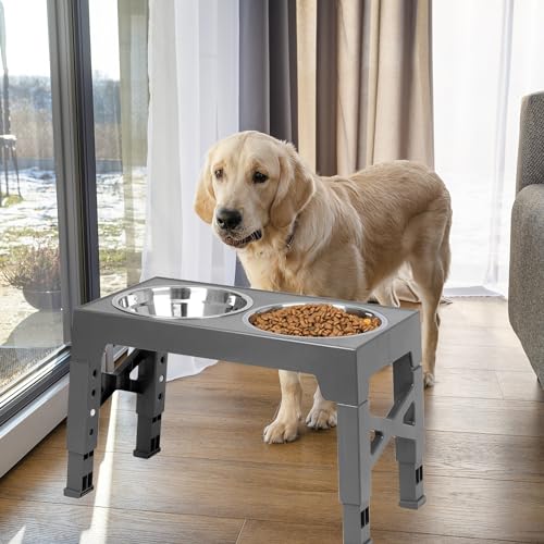 TUAHOO Erhöhter Hundenapf, 5 Höhenverstellbar Futternapf für Kleine Mittlere Große Hunde, Futterstation Hund mit 2 Edelstahl-Schüsseln 1200ml & Langsamfutternapf 800ml