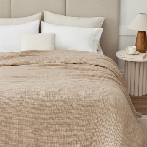 Image of 100% Cotton Muslin Blanket Queen 90 inch x 90 inch, 6 Layers Breathable and Lightweight Cotton Throw Blanket for Bed, Soft Quilt Bedspread Coverlet, Gauze Blanket for Adults All Season, Beige Linen