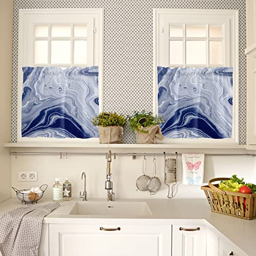 3 Pieces Kitchen Curtains Valances Set Navy Blue Marble Texture Short Curtain Rod Pocket Window Curtain Abstract Ombre Window Treatment Tiers Valances (Single Panel 54"X18",2 Tiers 27.5"X24") #TOP3