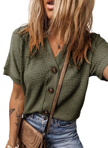 Image of Dokotoo Womens Summer Tops 2026 Waffle Knit Button Down Shirts | Trendy,V Neck,Loose Fit,Jacket,Short Sleeve,Summer Cardigan,Cropped,Shacket,Going Out Outfits,Dressy