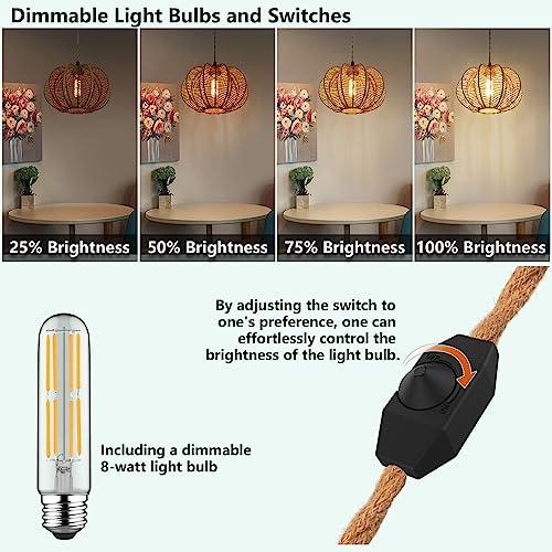 Plug in Pendant Light Rattan Hanging Lights with Plug in Cord 15FT Hemp Rope Cord, Dimmable Switch – Indoor Hanging Lamps for Boho Living Room Bedroom(Bulb Included) 11 x 7 inch - Image 4