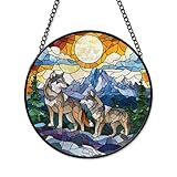 OnlyGifts Custom Wolves in a Rocky Mountain Printed Glass Suncatcher – Round Hanging Window Decor, Vibrant Glass Ornament for Home, Unique Housewarming Gift