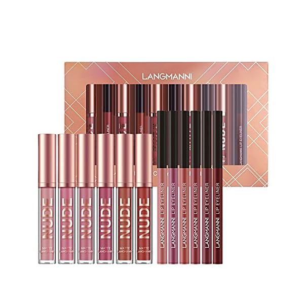 Lip Liner and Lipstick Makeup Set 6 Velvety Matte Liquid Lipsticks + 6 Matching Smooth Lip Liner,Waterproof Long Lasting Matte Lipstick Gift Set for Daily/Travel/Party/Wor