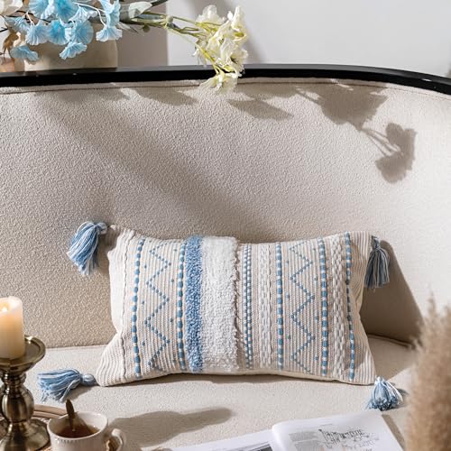 Blissblush LW Blue Decorative Lumbar Throw Pillow Cover 12X20 Combo Set Of 2 Rectangular Coastal Boho Accent Pillowcase Neutral Farmhouse Cushion thumb #2