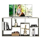 LESHUFAM TV Stand, Wood Stands for TVs up to 55' Flat Screen Modern Entertainment Center with 6 Open Shelves, Small Bookshelf TV Console Stand for Living Room, Bedroom - Rustic Grey