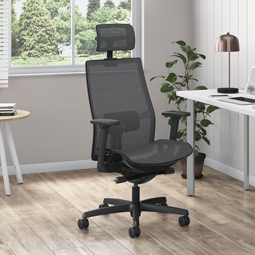 Image of HON Ignition 2.0 Ergonomic Office Chair with Headrest, Mesh Desk Chair with Lumbar Support, Synchro‑Tilt Recline, Height and Width Adjustable Arms, Swivel Wheels, Black Frame, Black