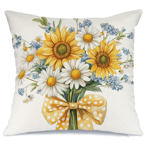 AACORS Summer Pillow Cover 18x18 Inch Sunflower Daisy Decor Floral Farmhouse Seasonal Pillow Case Decorations for Home Sofa Couch