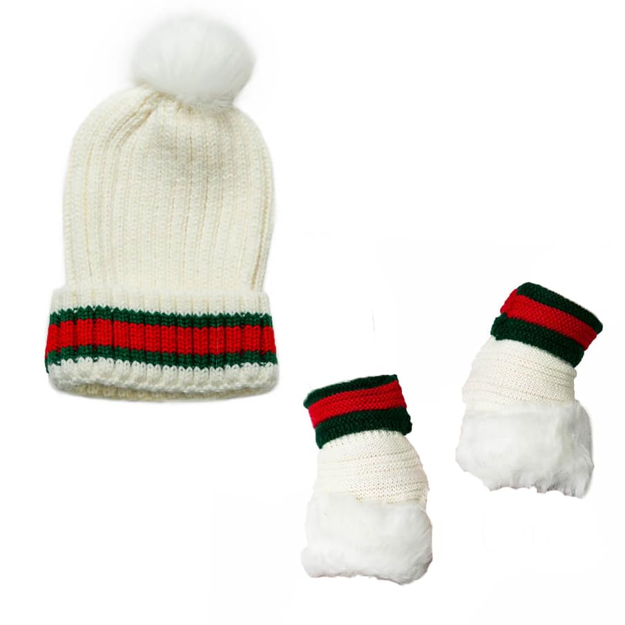 Taryn Red & Green Striped Knit Beanie & Fingerless Gloves 2 PC Set (White)