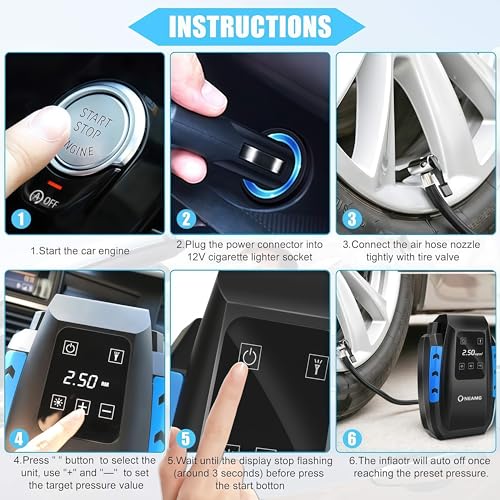 OneAmg Compresor de Aire Eléctrico Portátil Alimentado con Manómetro 12V con LED Luces de Emergencia para Hinchar Neumático de Moto Coche y Bicicleta (Negro) - imagen 6