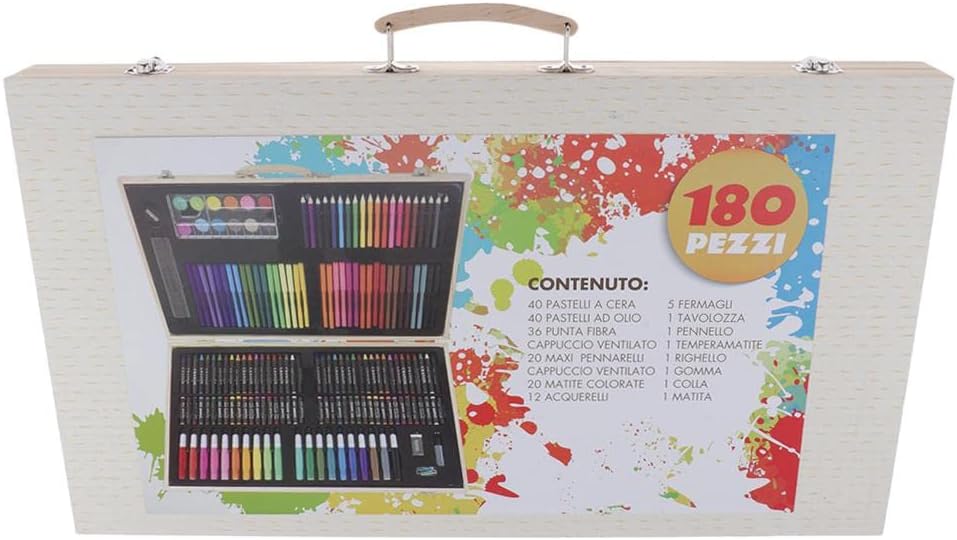 180Pc Professional Art Set Deluxe Drawing Kit for Kids 9-12 | Wood Box Case with Colored Pencils, Watercolor Pens, Wax Rod, Paints for Beginner Artists | Portable