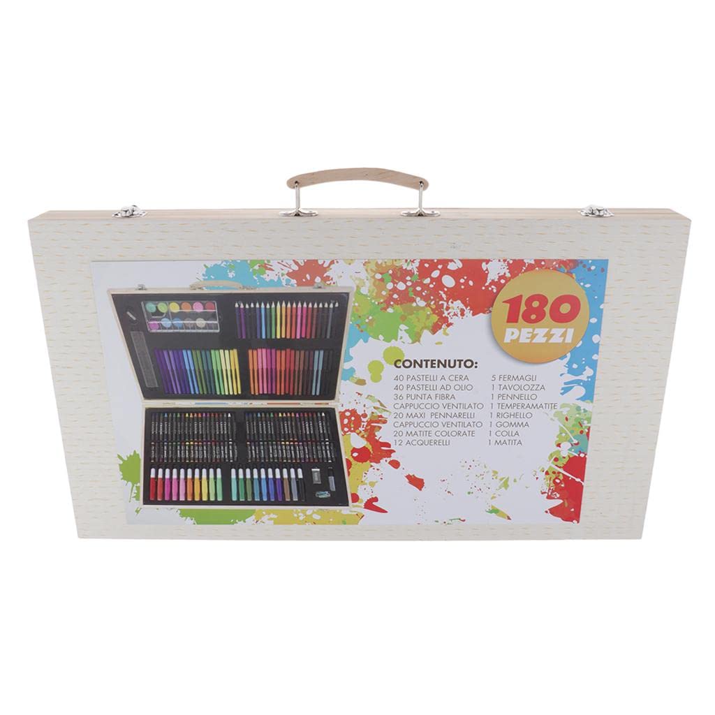 Kit de dessin professionnel de 180 pièces pour enfants de 9 à 12 ans | Boîte en bois avec crayons de couleur, stylos aquarelle, tige de cire, peintures pour artistes débutants | Portable