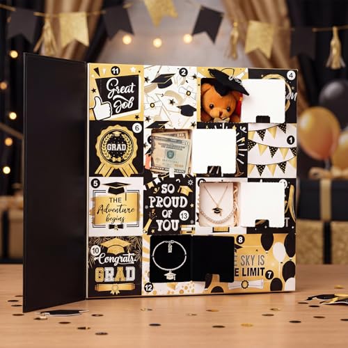 FunooFuno Graduation Advent Calendar Gift Box 16 Days Fill It Yourself Empty Gift Box Empty DIY Graduation Countdown Calender for Graduates Her Him High School College(Black)