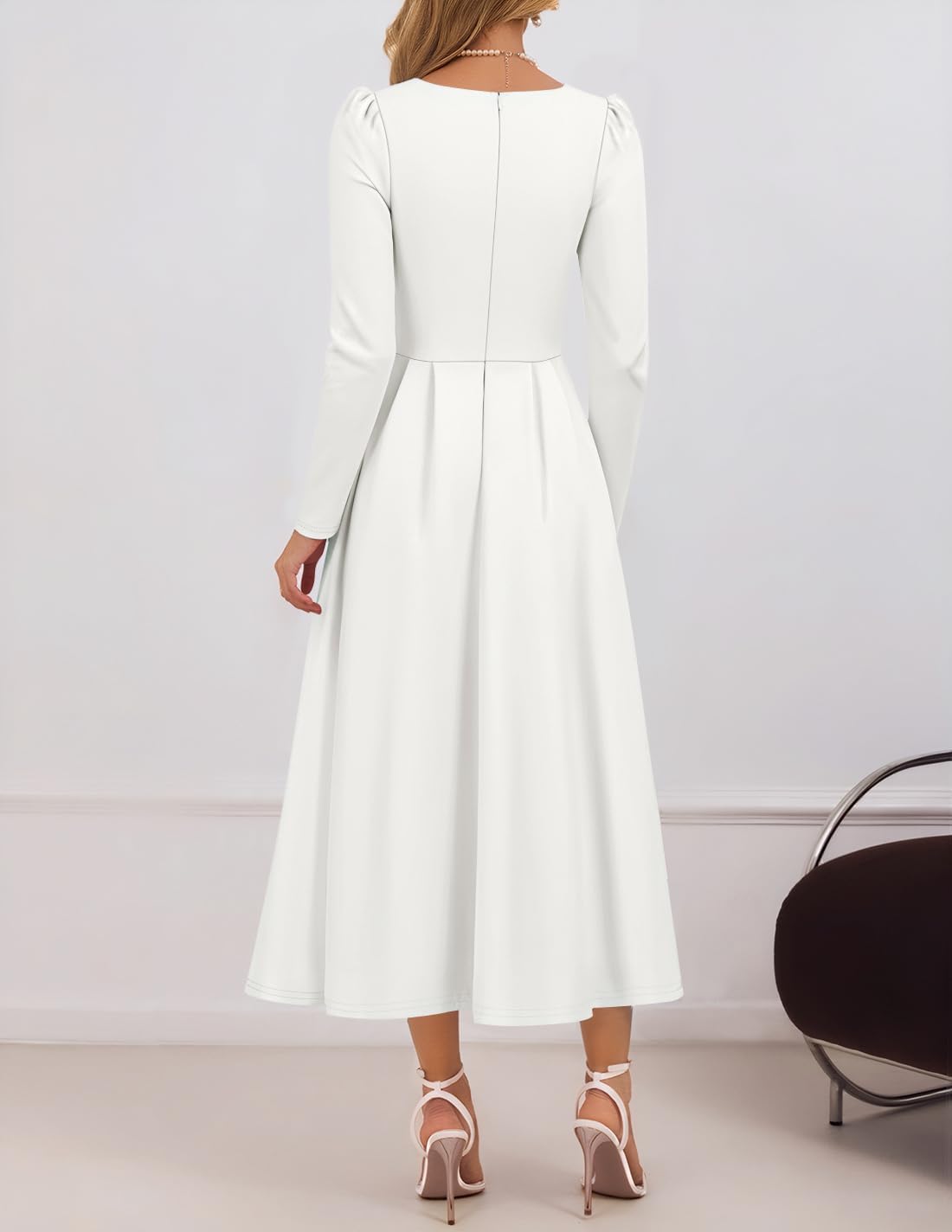 ZESICA Women's Long Sleeve Midi Dresses 2026 Spring Elegant Crewneck Swing A Line Wedding Guest Party Dress with Pockets - Image 3