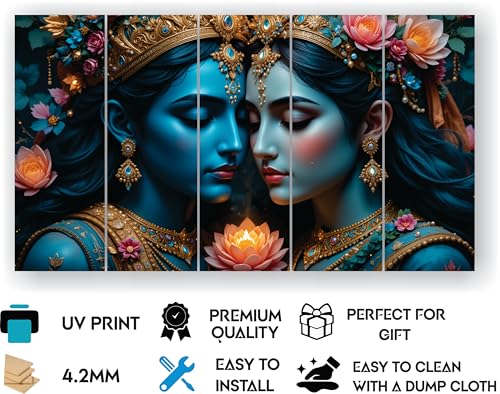 Image of RAVLEX Radha Krishna Wall Painting for Living Room, Wooden Framed UV Printed Wall Art for Bedroom, Office, Hotel, Drawing Room and Home Decor, 5 Panel Painting, 24 x 48 Inch