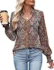 Kistore Long Sleeve Shirts for Women V Neck Smocked Dressy Casual Blouses Beach Vacation Tops Classy Nation Print L #2