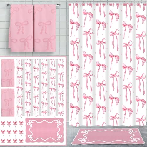 Czlotyh 16 Pcs Pink Bow Shower Curtain Set with Bow Knot Towels Rug and 12 Decorative Shower Curtains Hooks for Bathroom Decor Modern Aesthetic Bathroom Accessories