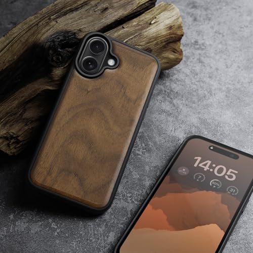 Image of Carveit Wood Case for iPhone 16 Plus, Natural Grain, Walnut | Magnetic iPhone 16 Plus Case Compatible with MagSafe Wireless Chargers, Engraved Wood with Soft TPU Shockproof Bumper