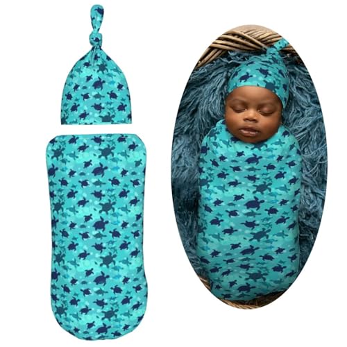 Image of Ocean Blue Sea Turtles Newborn Swaddle Blankets Hat Sets Soft Baby Receiving Blanket Swaddle Sack for Baby Shower Infant Boy Girl Gift