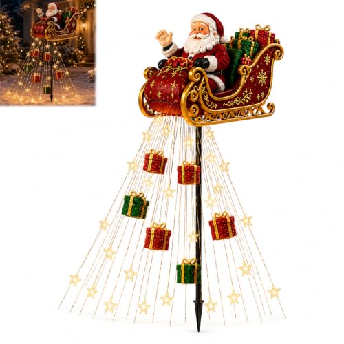 Santa's Flying Sleigh Gift Cascade - Solar Christmas Garden Light，Santa