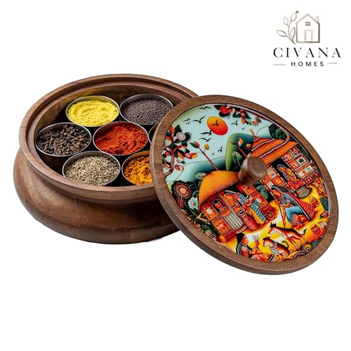 Image of Wooden Spice box for kitchen with spoon, Mango wood box with 7 Steel containers | Masala box for kitchen | Masala Dani | Best Gift (Red Masala Box)