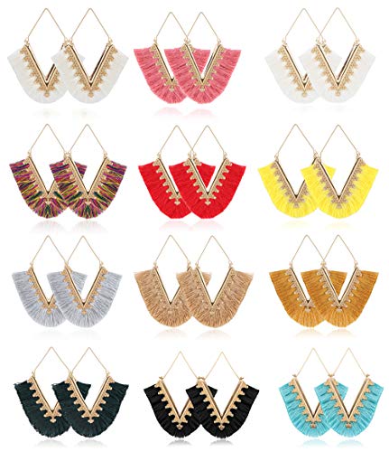 Subiceto 12 Pairs Colorful Tassel Dangle Earrings for Women Statement Bohemian Handmade Lightweight V-shaped Hanging Fringe Drop Earrings