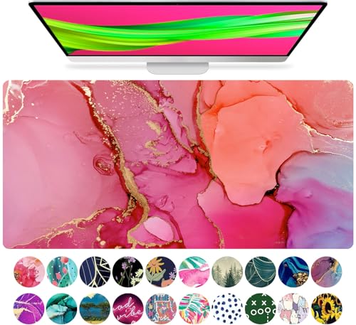 French KOKO Large Mouse Pad Desk Mat Protector Keyboard Pad Desktop Office School Decor Big Extended Laptop Computer Accessories Pretty Mousepad Women XL Cool Marble Pink Gold