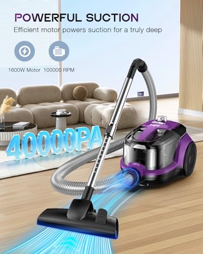 Image of Zefiro Canister Vacuum Cleaner, Bagless Canister Vacuum for Home, Powerful Suction, Auto Cord Rewind, HEPA Filter, Corded Vacuum for Hard Floors, Carpet, Apartment /Rental Friendly(Purple&Gray)