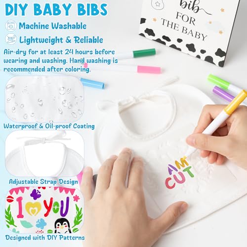 DIY Baby Bibs Decorating Kit Baby Shower Game White Baby Bibs Design Game Includes 22 Blank Bibs 15 Stencils 12 Fabric Markers 1 Baby Shower Game Sign for Boys Girls Gender Reveal Party (Cow)3