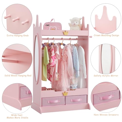 Kids-Dress-Up-Storage-with-Mirror-Kids-Armoire-with-Non-Woven-Drawers-Open-Costume-Closet-with-Hanging-Rack-for-Toddlers-Pink Kids Dress Up Storage with Mirror Kids Armoire with Non Woven Drawers Open Costume Closet with Hanging Rack for Toddlers Pink