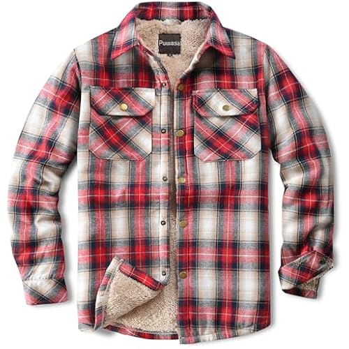 Men's Sherpa Cotton Flannel Shirt Jacket Plaid Button Coat Pocket