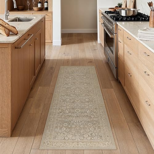 Beige Runner Rug 2x6 Washable Vintage Floral Long Carpet for Hallway Soft Low Pile Non Slip Indoor Accent Rug Retro Distressed Throw Rug for Bathroom Bedroom Laundry Dining Room 2' x 6' (Run